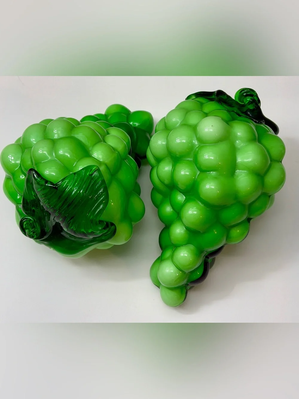 Green Glass Grape Clusters Set of 2 Fruit Figurines 6” Table Decor